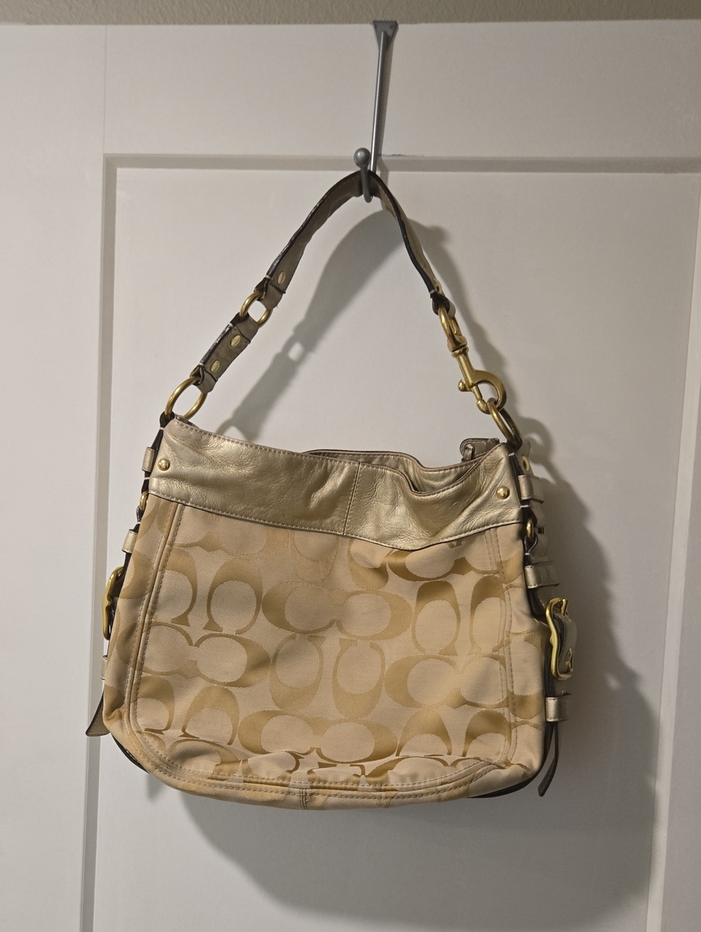 Beige Coach Hobo Bag with Gold Trim